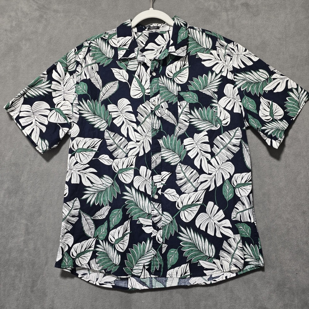Coofandy Men's Button Up Short Sleeve Green Tropical Palm Hawaiian Leaf Size L
